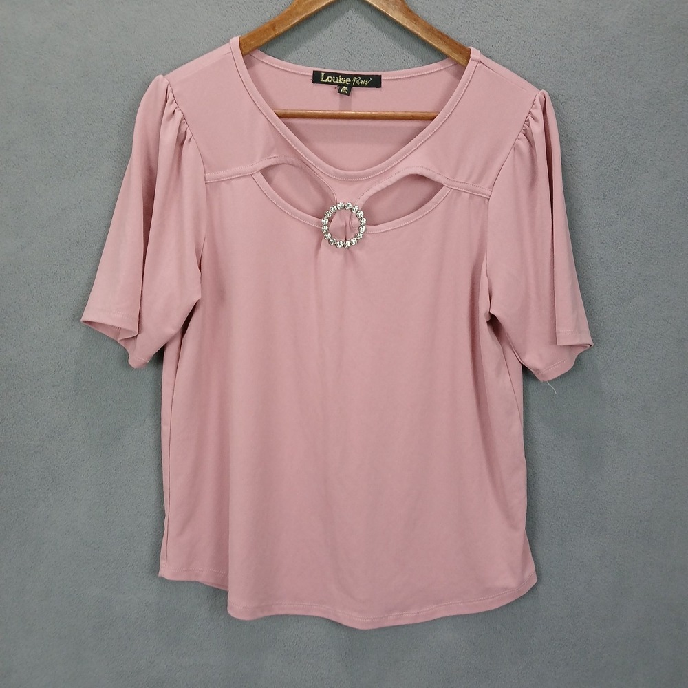 Louise Paris Blouse Top‎ Womens PL Pink Stretch Rhinestone Brooch Keyhole Modern